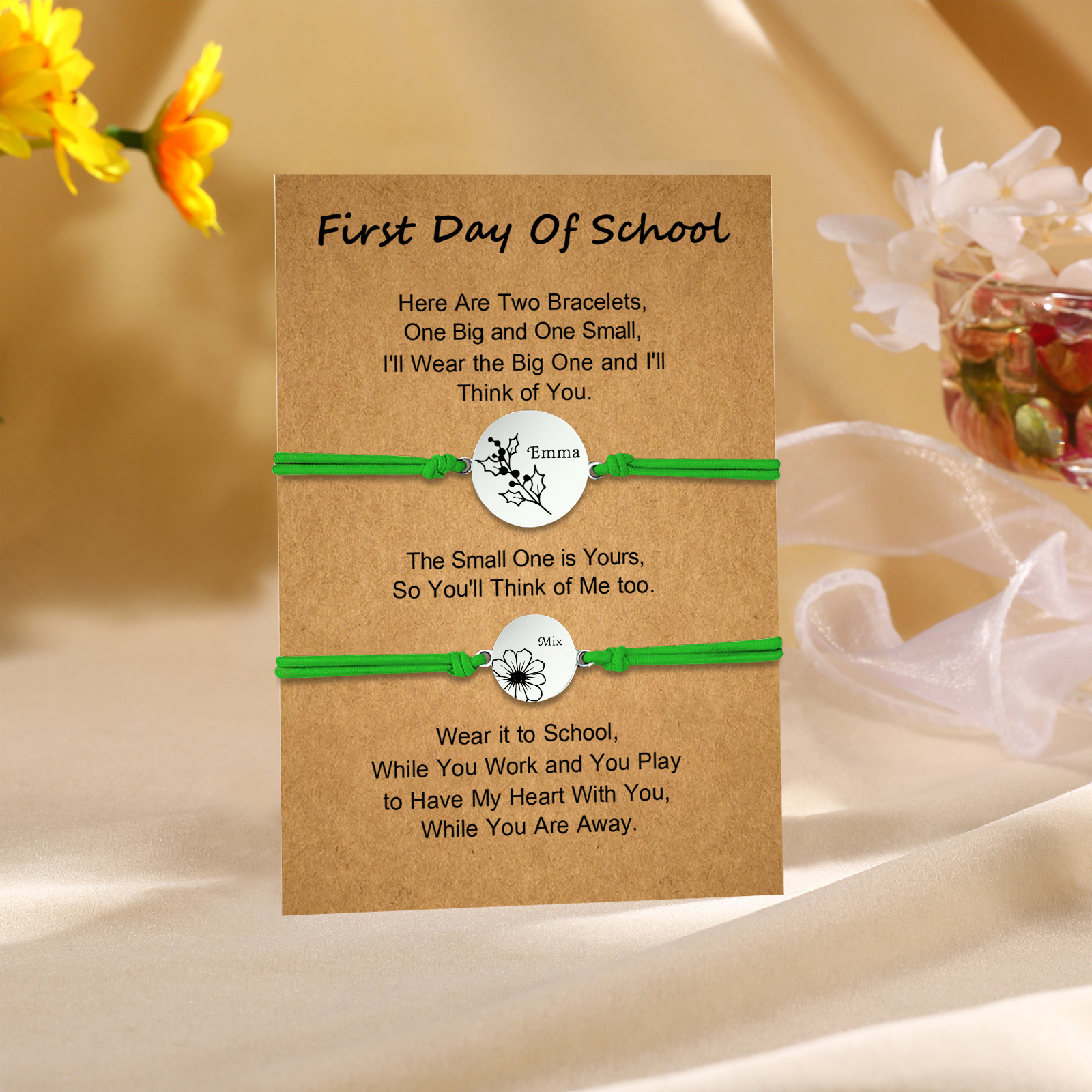 2 PCS Personalized 2 Birthflowers & 2 Names Elastic Stainless Steel Bracelet First Day of School Gift for Daughter