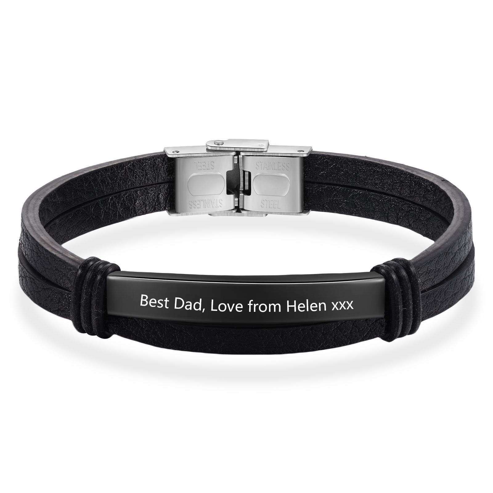 Personalised Text Black Leather Bracelet Men's Bracelet Father's Day Gift for Dad