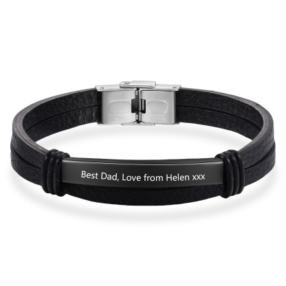 Personalised Text Black Leather Bracelet Men's Bracelet Father's Day Gift for Dad