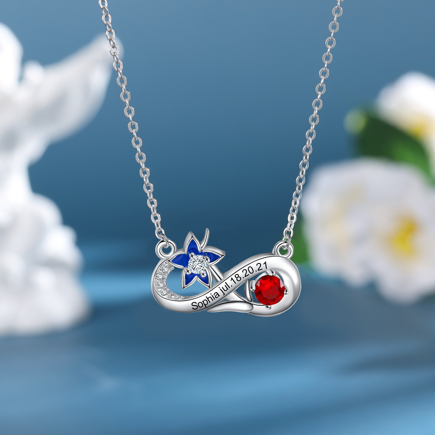Personalised July Birthflower Necklace With Birthstone Gift For Women