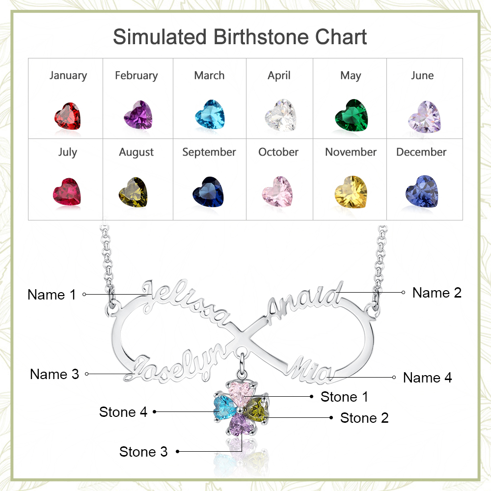 Personalised Infinity Necklace With 4 Birthstones Engraved Names Necklace Gift For Women