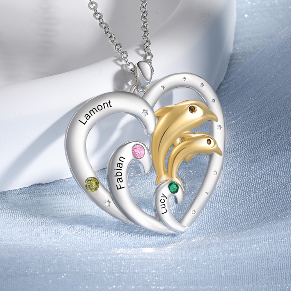 3 Names - Personalised Beautiful Dolphin Heart Necklace with Customized Name and Birthstone Gift for Her