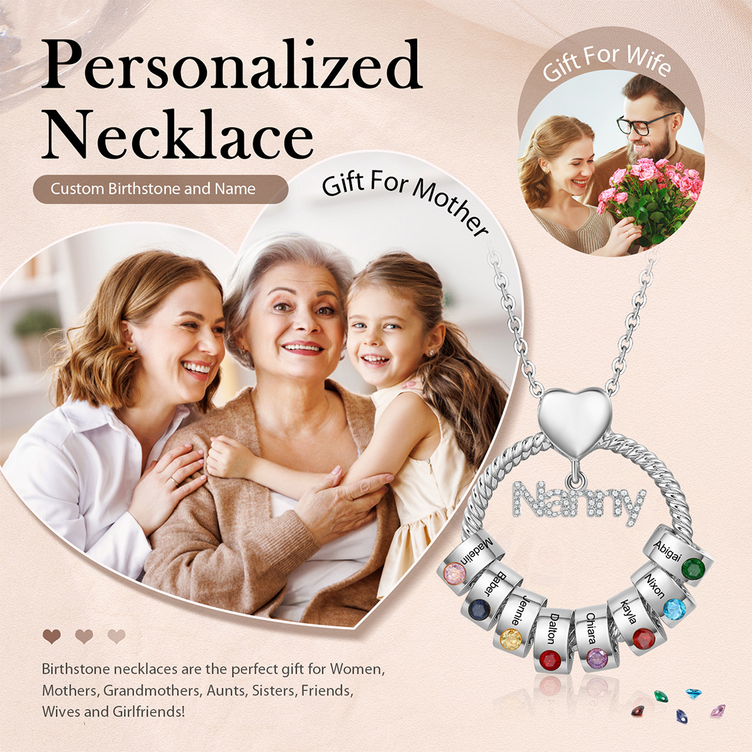 8 Names-Personalised Nanny Circle Necklace With 8 Birthstones Pendant Engraved Names Gift For Nanny