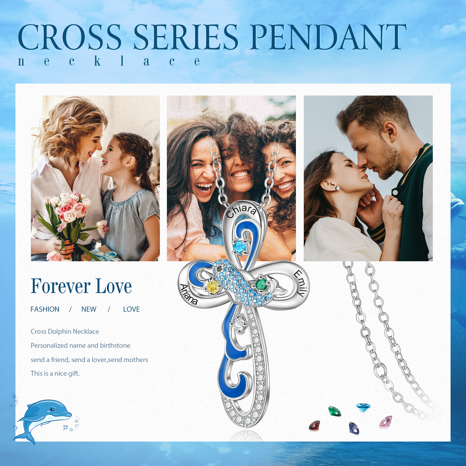 Personalized Dolphin Necklace With Names Custom 3 Birthstones Cross Necklace Gifts for Her