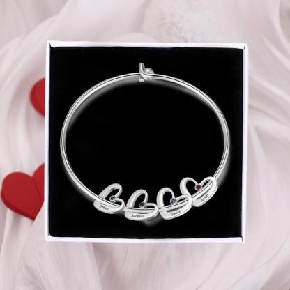 4 Names-Personalized Heart Bangle With 4 Names and Birthstones Bangle Bracelet Gifts For women
