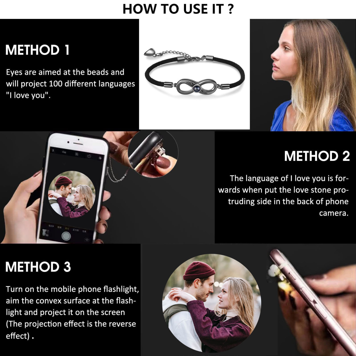 Personalised Magnetic Projection Bracelet Set with Rose Box-Custom Photo Infinity Couple Bracelet Creative Gift for Her/Him