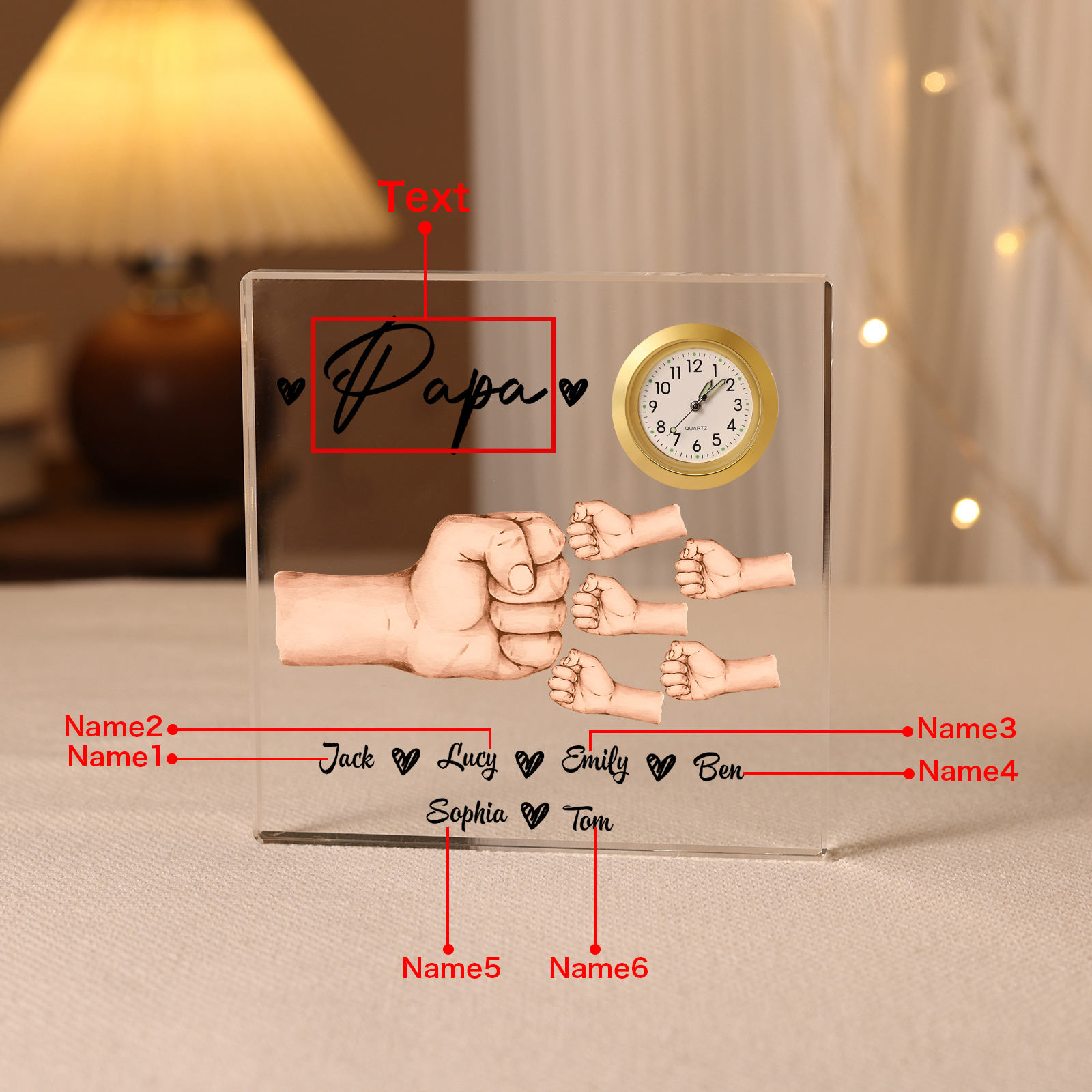 6 Names - Personalised Fist Bump Style Acrylic Clock Ornament Customized Name and Text Acrylic Father's Day Gift for Dad