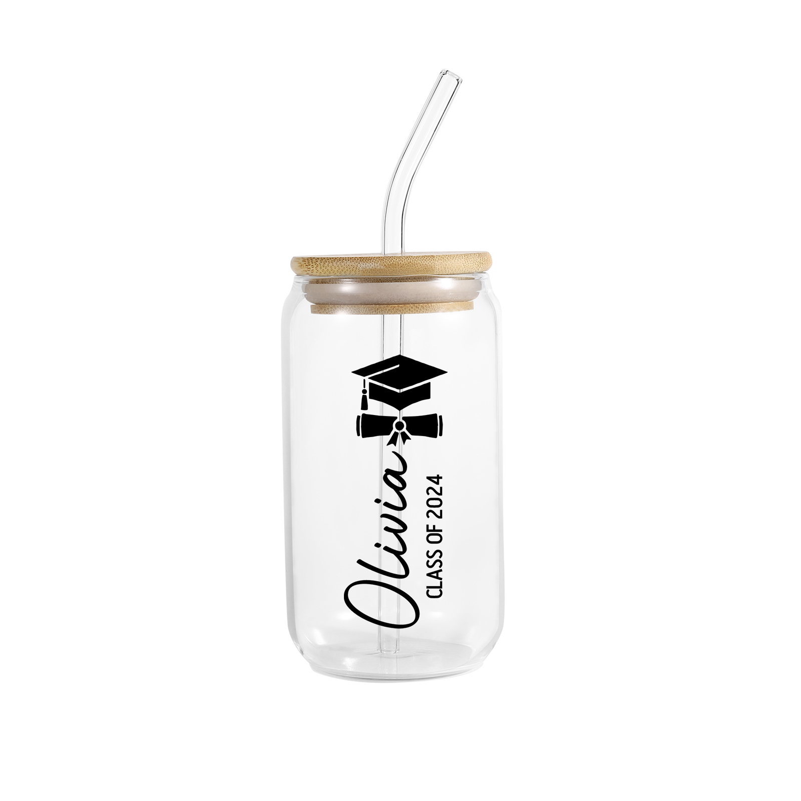 2024 Graduation Gift - Personalised Custom Text and Name Glass with Glass Straw