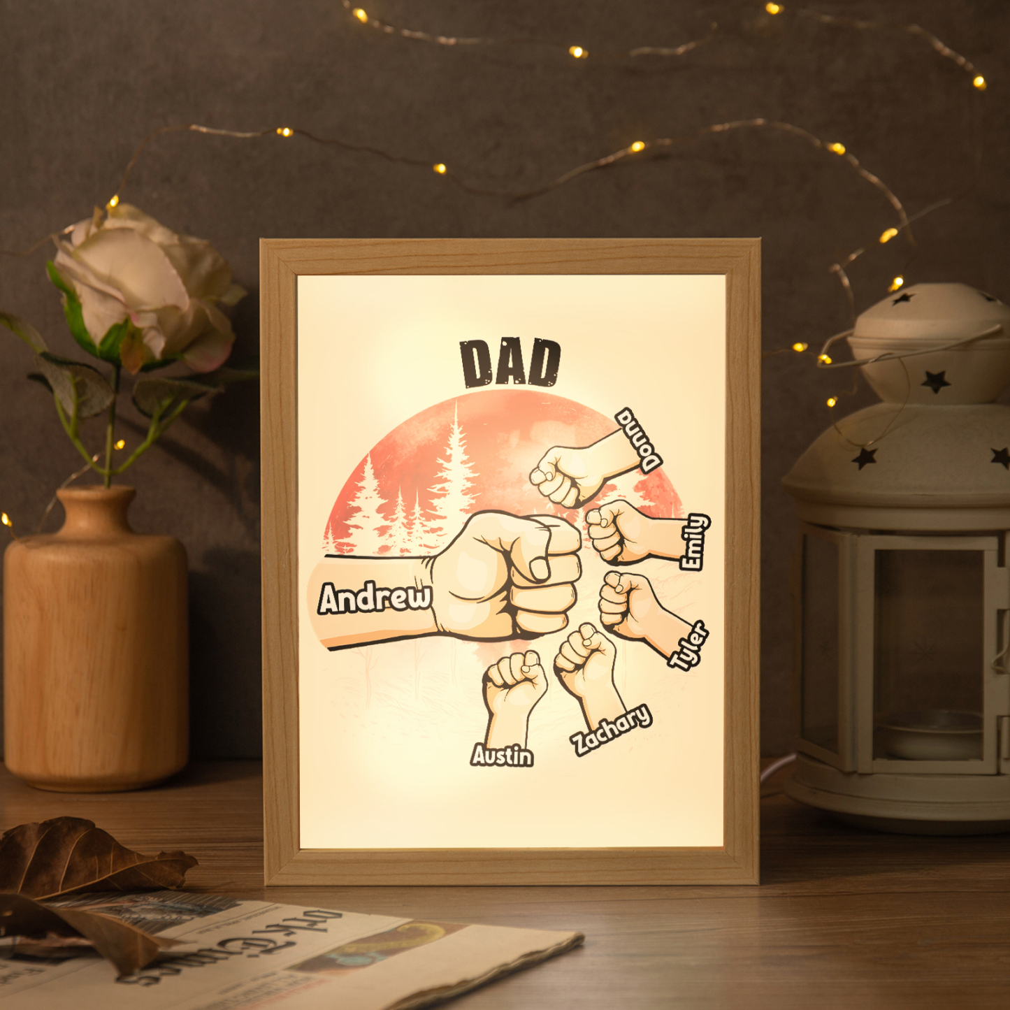 6 Names-Personalised Fist Dad LED Light Wooden Photo Frame -Custom Text & Names, Adjustable 3 Colors