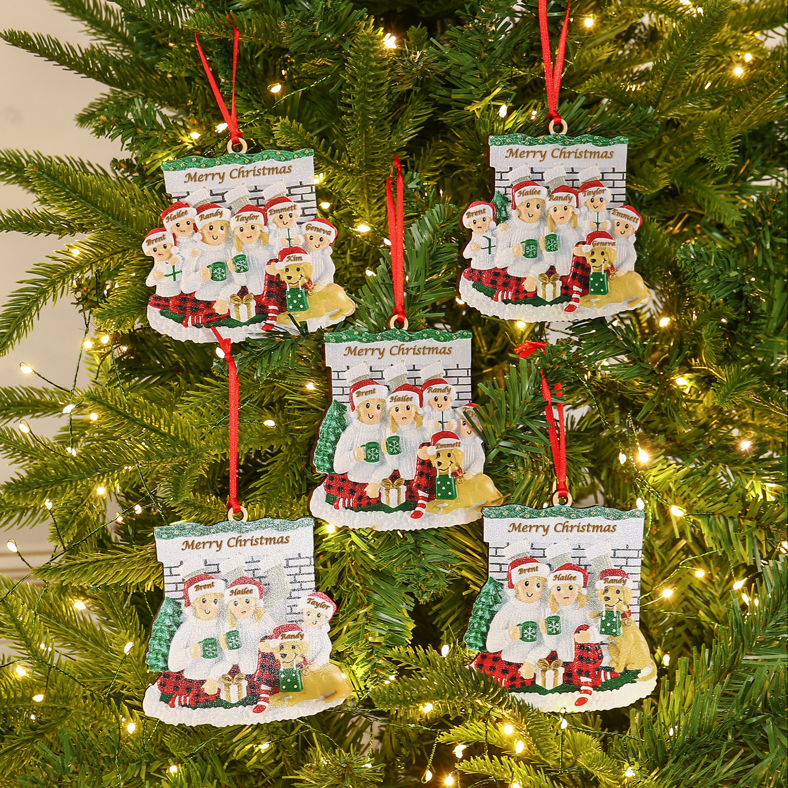 4 Names-Personalised Family Wooden Christmas Xmas Tree Decoration Ornament-Custom 4 Names Hanging Ornament Gifts For Family