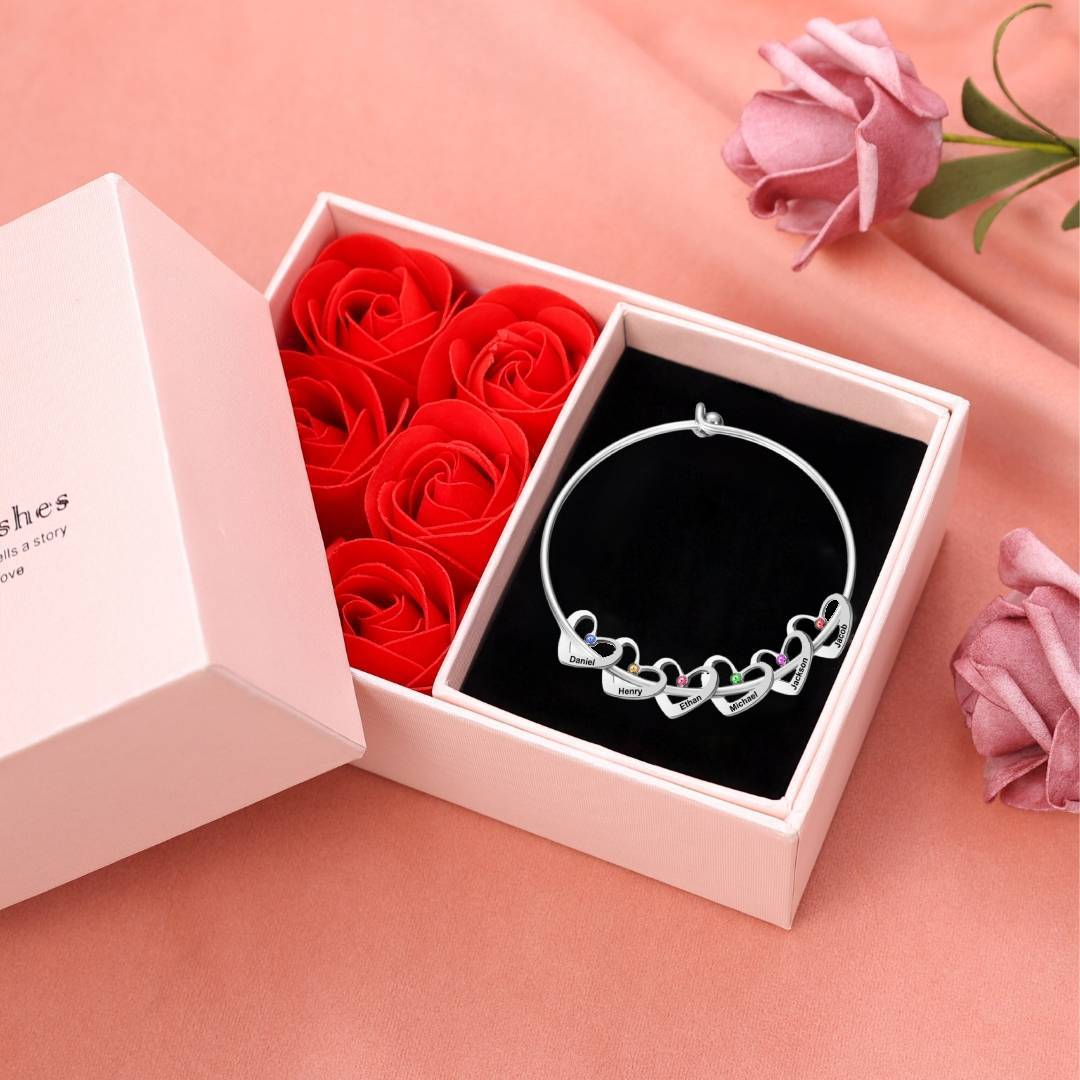 Personalised Heart Bangle With 6 Names and Birthstones Bangle Bracelet Mother's Day Gifts For women