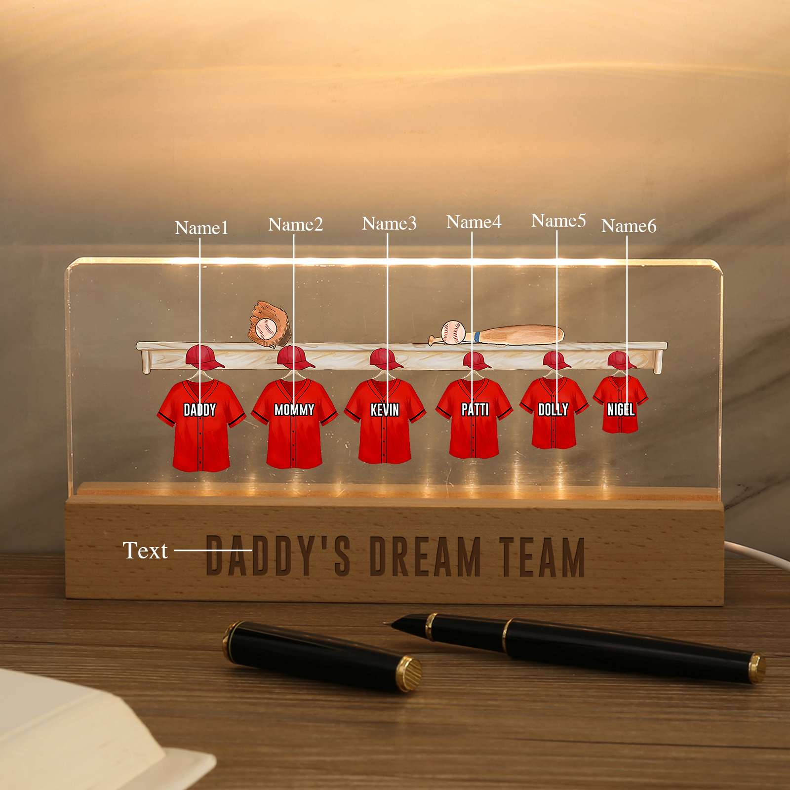 6 Names - Personalised Baseball Jersey Desk Lamp - Dad's Dream Team - Father's Day Gift for Dad