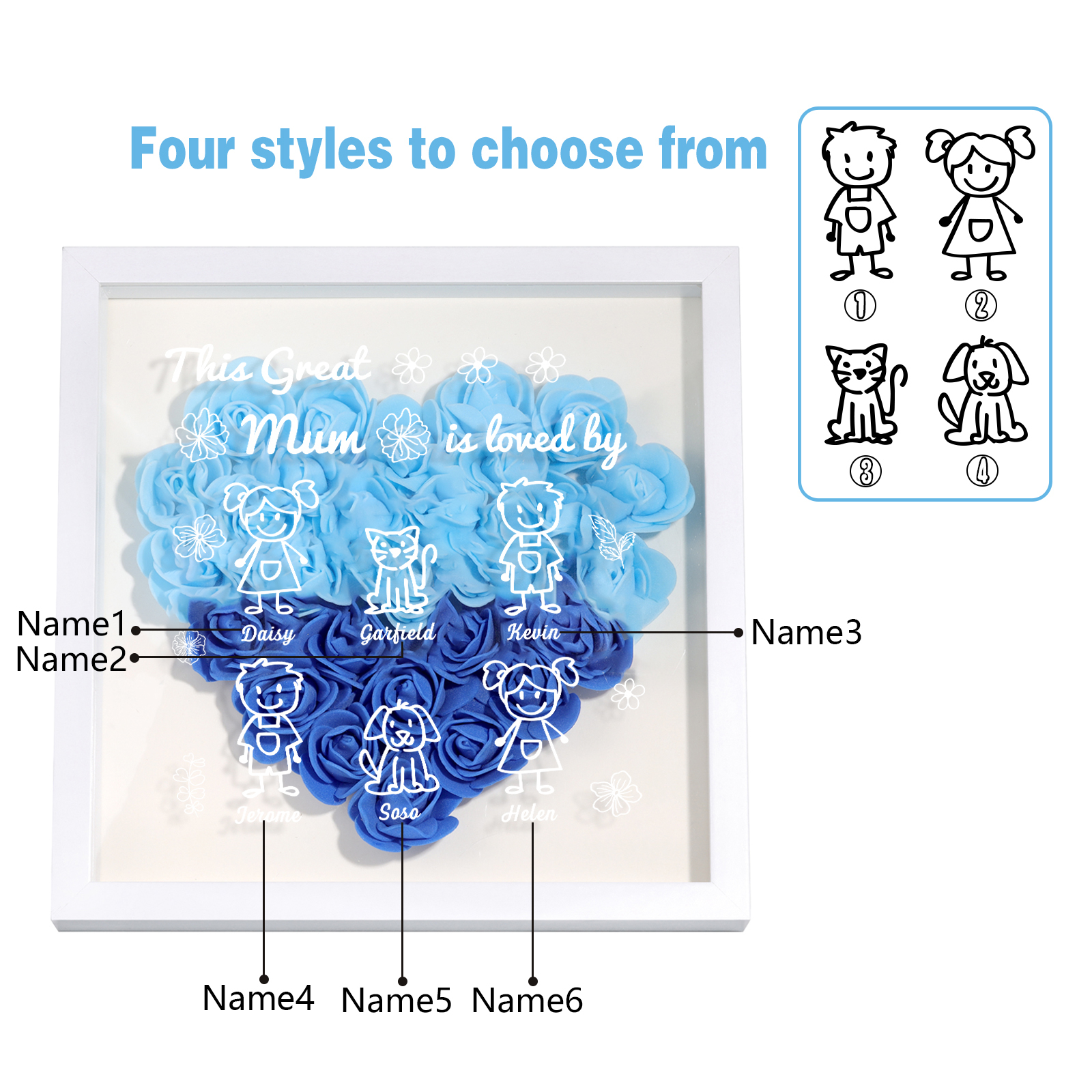 Personalised 3D Floral Shadow Box – Custom 6 Kids&Pets Names –This Great Mum Is Loved By- Gift for Mum, Nan & Loved Ones| Jessemade