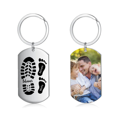 3 Names - Personalised Footprint Pattern Keyring Custom Named Father's Day Gift for Dad