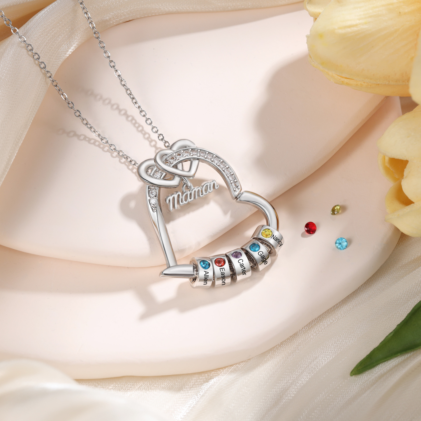Personalised Mum Heart Necklace with 1-5 Birthstones