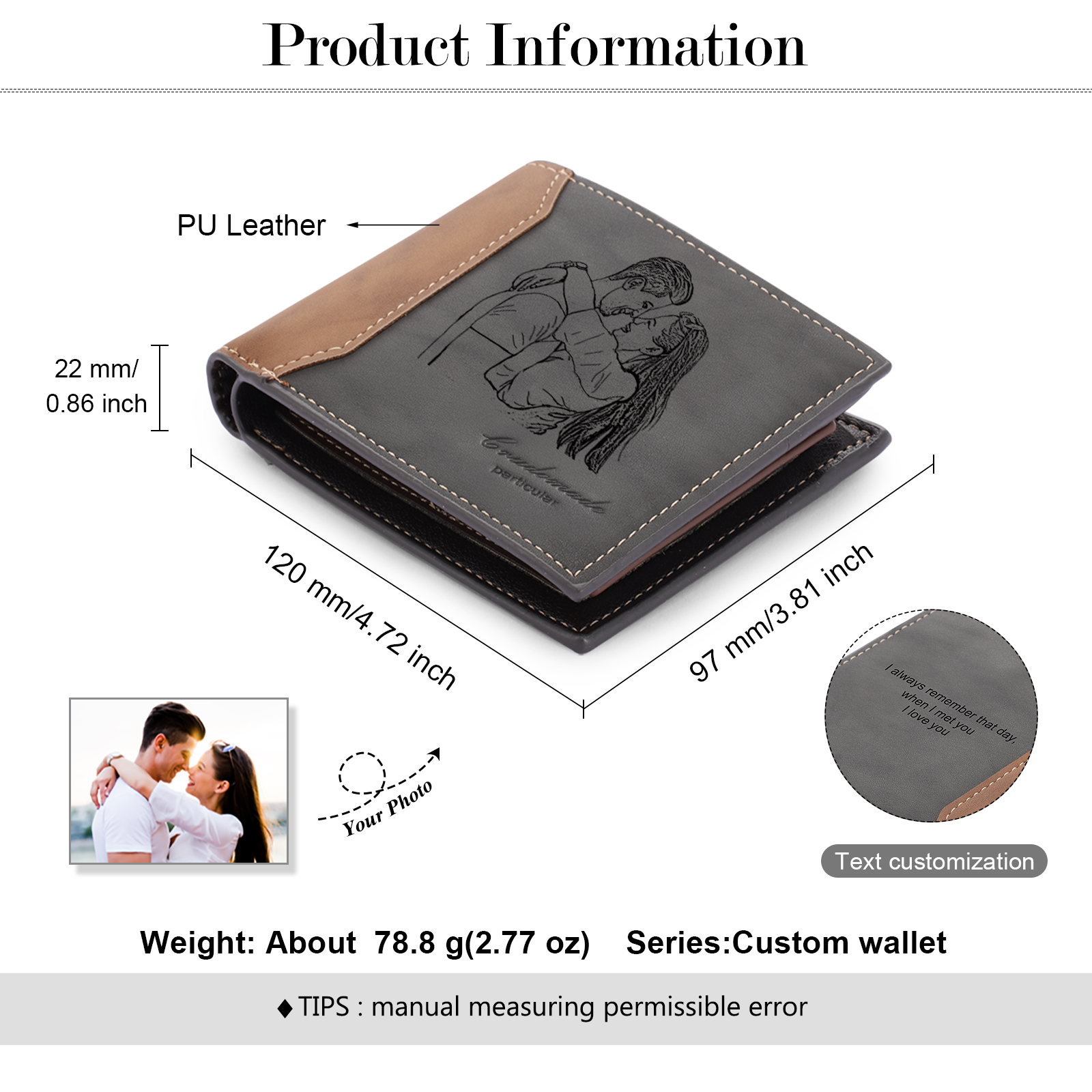 Personalised 2 Photos & 2 Text Set Custom Grey Wallet & Keychain & Pen Gift Box Set Father’s Day Gift