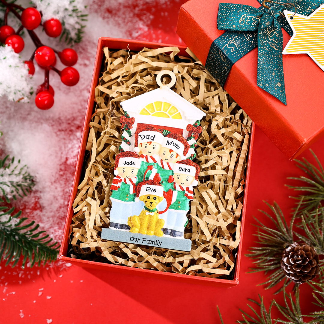 4 Names+Dog Name-Personalised Family Christmas Xmas Tree Decoration Hanging Wooden Ornament with Name-Family with Dog