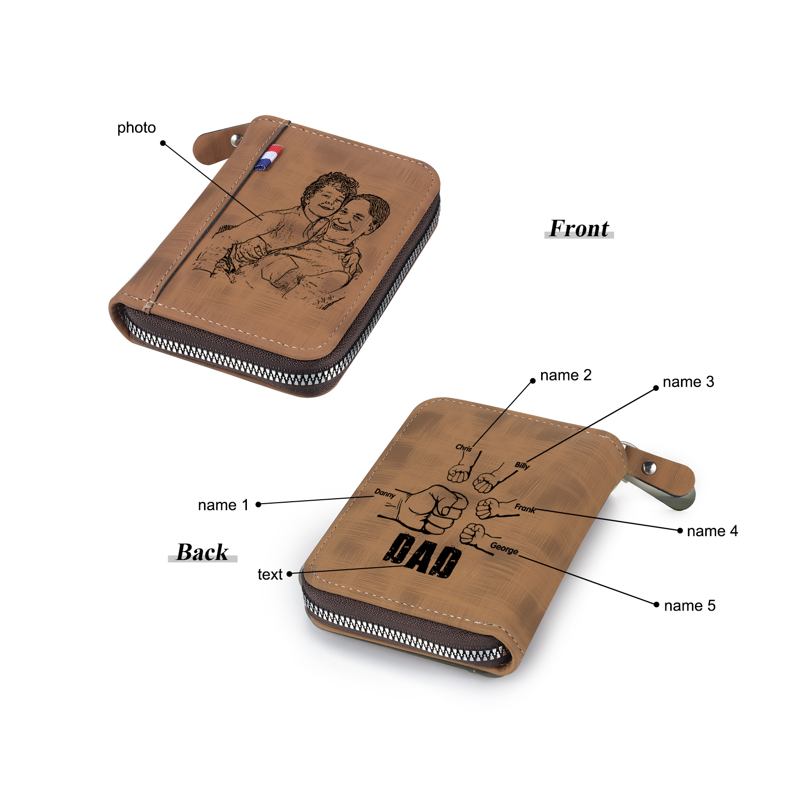 5 Names - Personalised Fist Bump Fist Bump Photo Custom Leather Men's Zipper Wallet as a Father's Day Gift for Dad