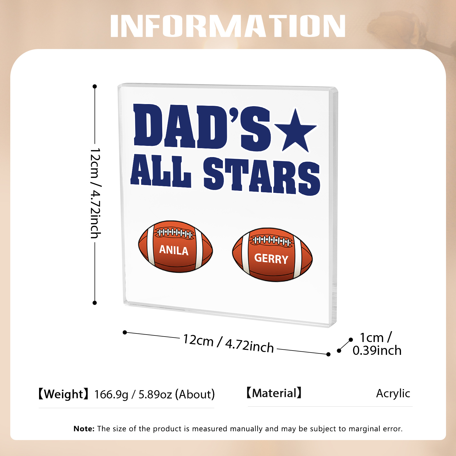 2 Names - Personalised Football Acrylic Keepsake Customized Name Acrylic Plaque Decoration Father's Day Gift for Dad