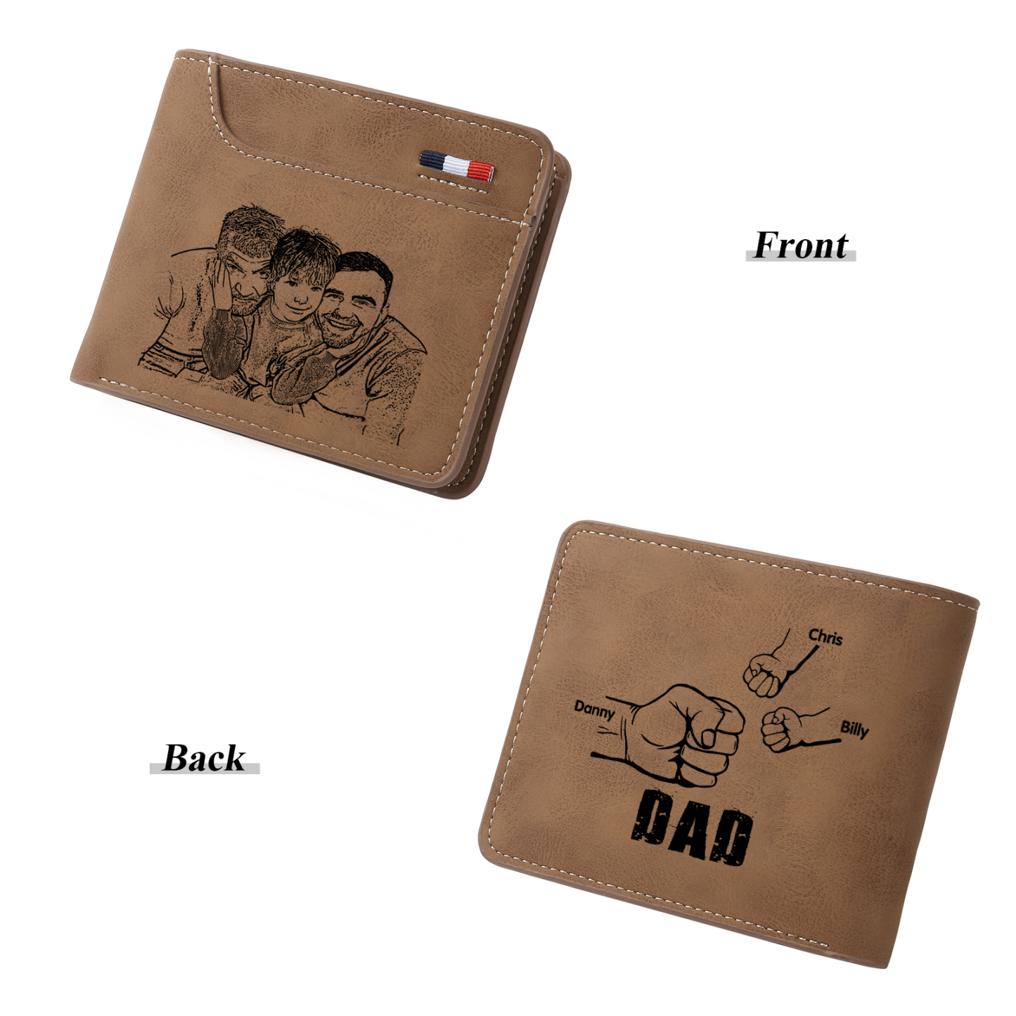 3 Names - Personalised Photo Custom Leather Men's Folding Wallet as a Father's Day Gift for Dad