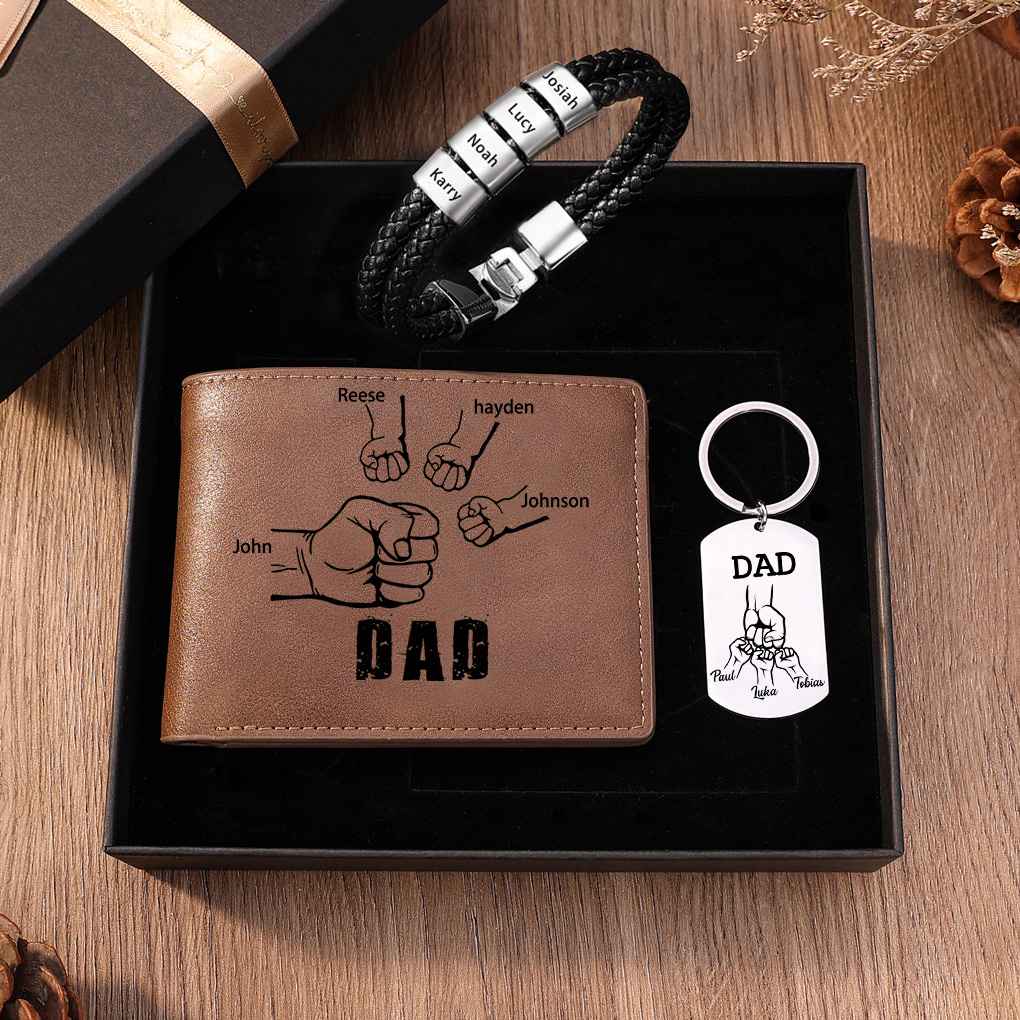 Personalised 4 Names Gift Set Custom Wallet & Bracelet & Keychain Gift Box Set Father’s Day Gifts