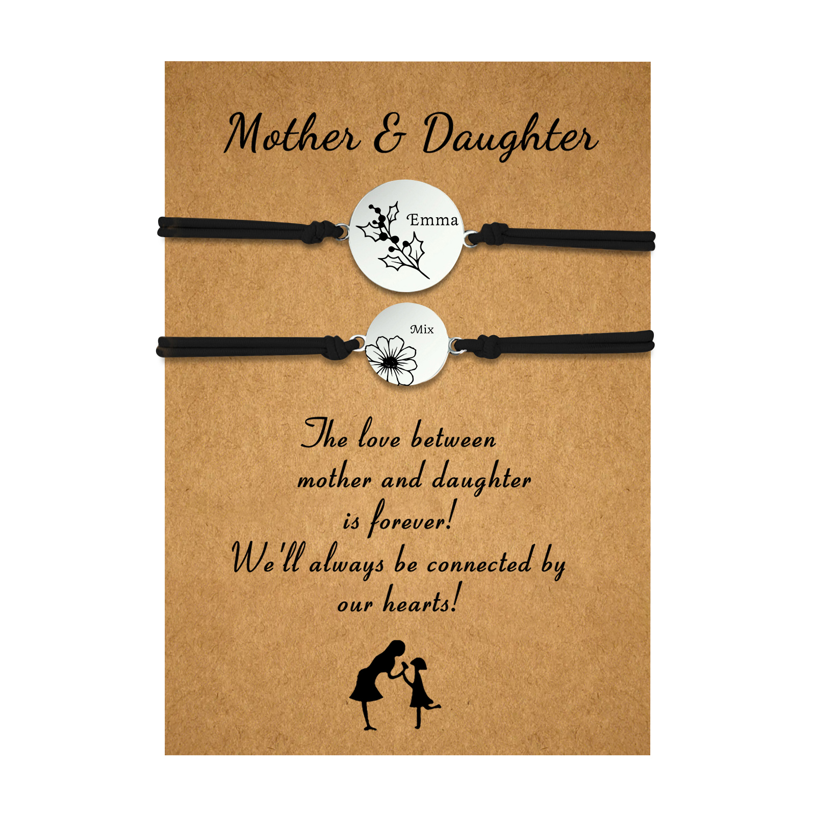 2PCS Personalized 2 Birthflowers and 2 Names Elastic Stainless Steel Bracelet Mother and Daughter Back to School Gift for Daughter