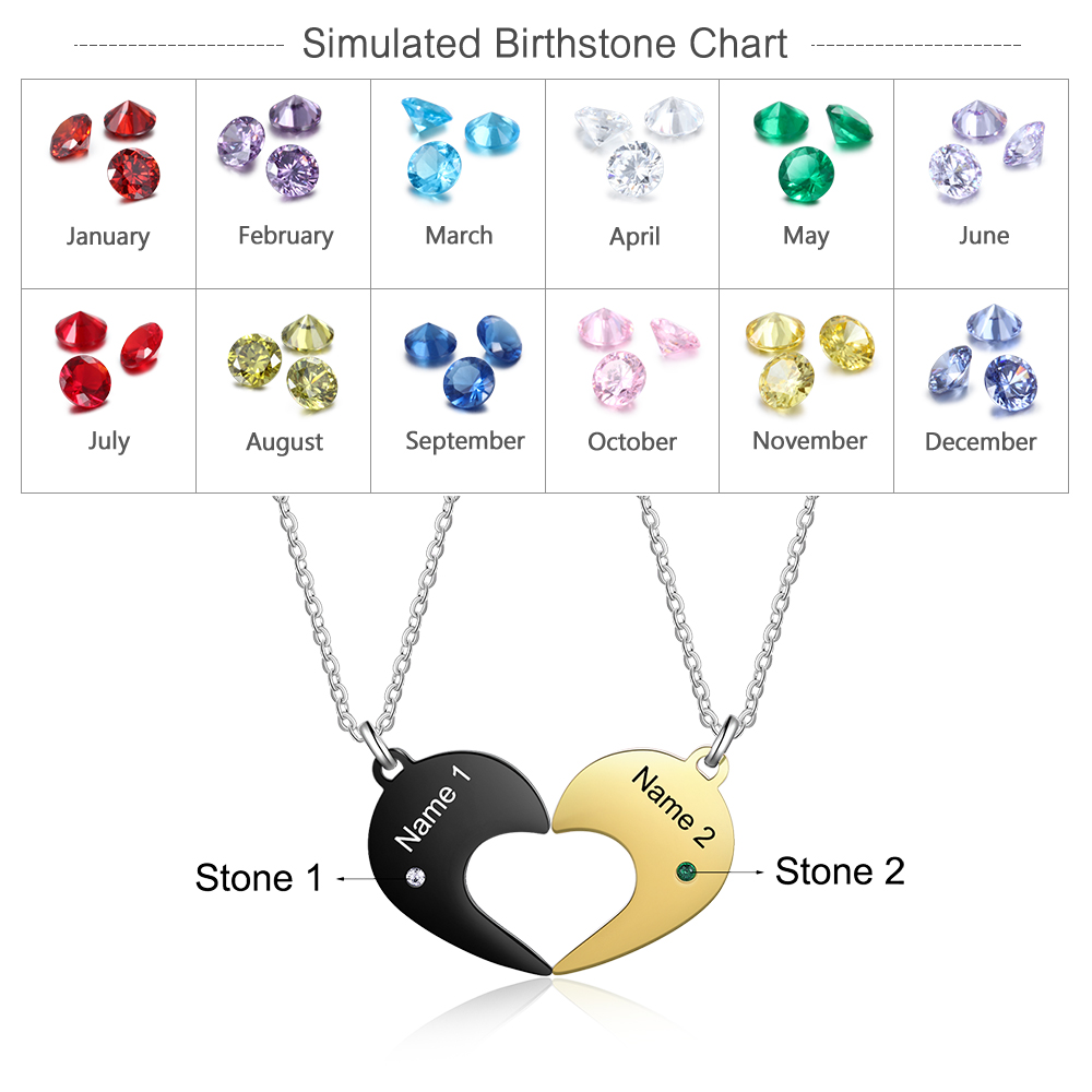 Heart Matching Necklace Set Personalised Names Birtstones Couple Necklace