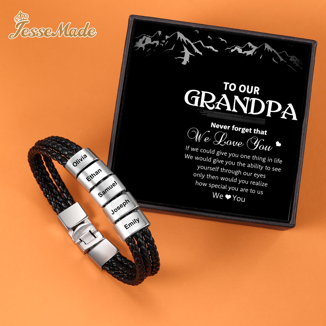 Personalised Braided Leather Bracelet Engraved 5 Names Men's Bracelet Gifts For Him