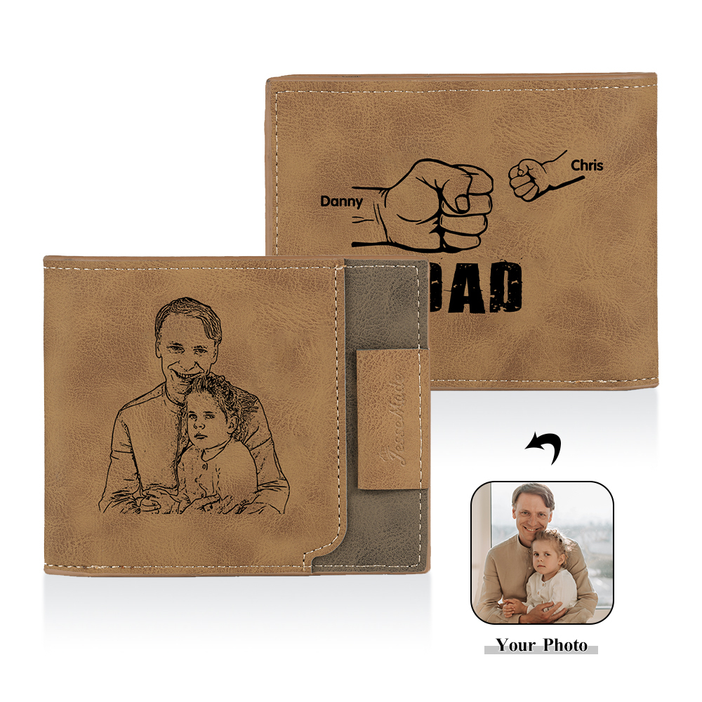 2 Names - Personalised Fist Bump Photo Custom Leather Men's Wallet as a Father's Day Gift for Dad