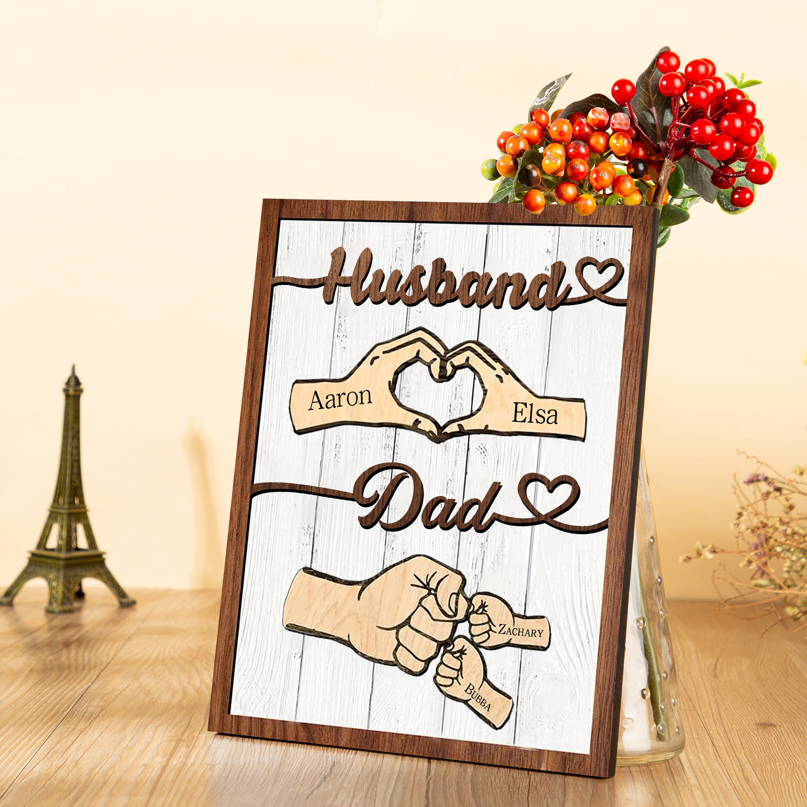 4 Names - Personalised Fist Bump Home Wooden Decor Father's Day Gift for Dad