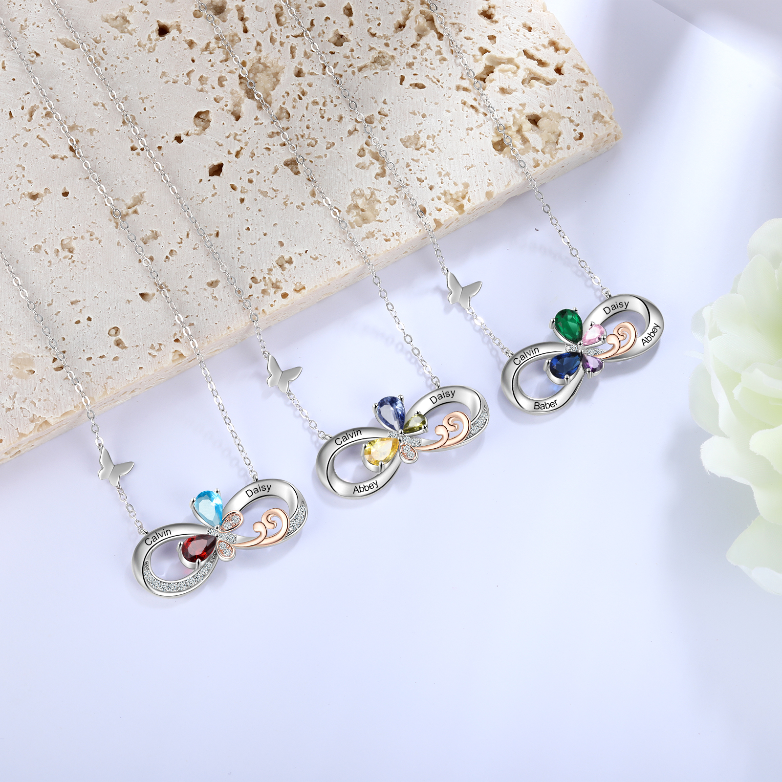 Personalised Infinity Butterfly Necklace With 2 Birthstones Engraved Names Gift For Women
