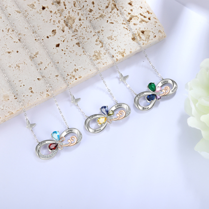 Personalised Infinity Butterfly Necklace With 2 Birthstones Engraved Names Gift For Women
