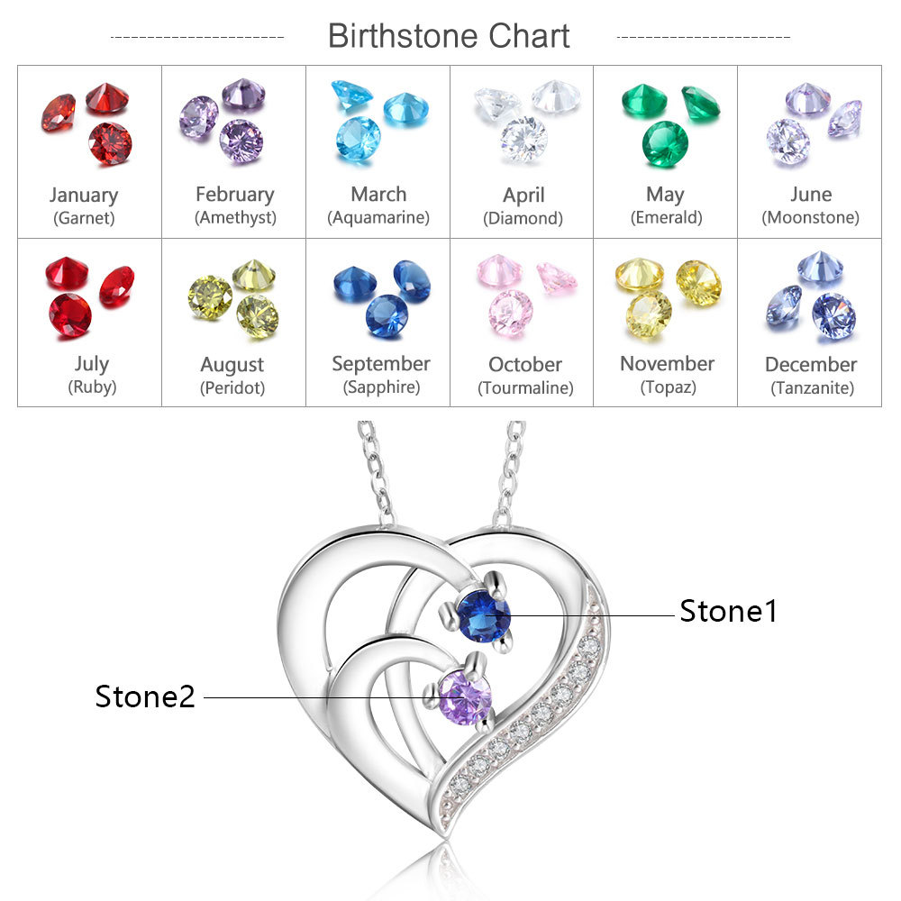 Personalised Mother Necklace 2 Stones Engraved 2 Names Birthstone Intertwined Heart Pendant Gifts for Her