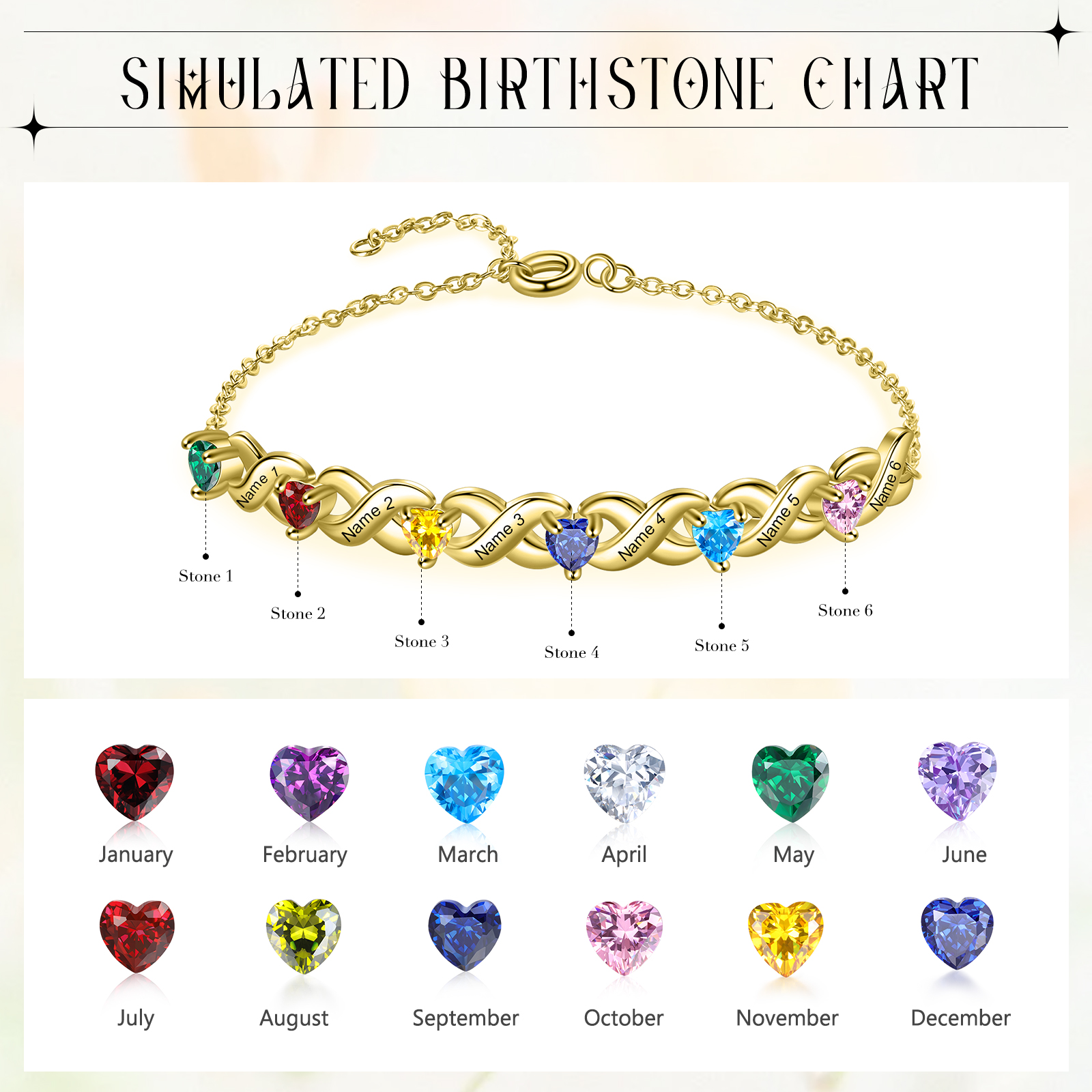 Personalised Bracelet With 6 Heart Birthstones Engraved Names Bracelet Gift For Women
