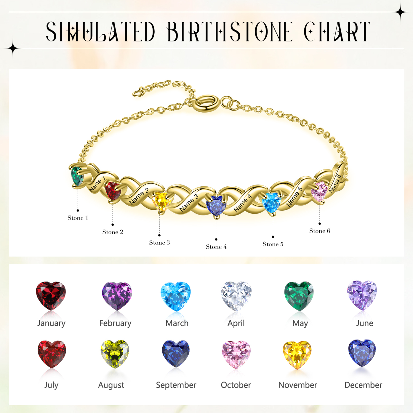 Personalised Bracelet With 6 Heart Birthstones Engraved Names Bracelet Gift For Women