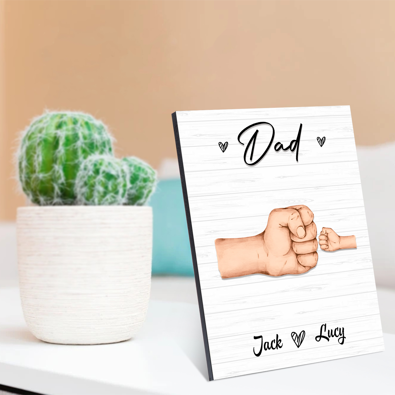 2 Names - Personalised Wooden Ornament Fist Bump Style Engraved Name and Text Ornament for Dad