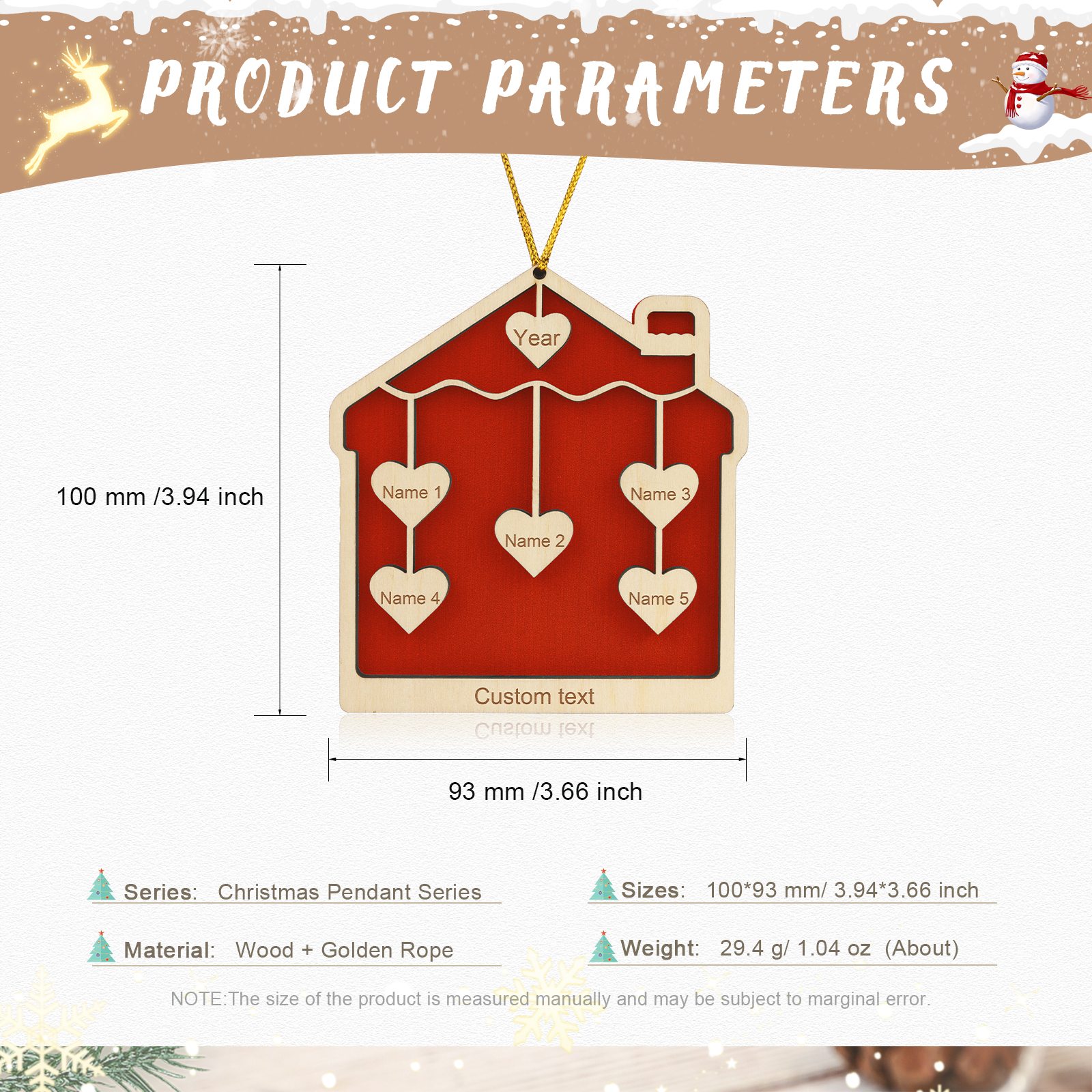 5 Names-Personalised Family Wooden Christmas Xmas Tree Decoration Ornament-Custom 5 Names And Year Hanging Ornament Gifts For Family