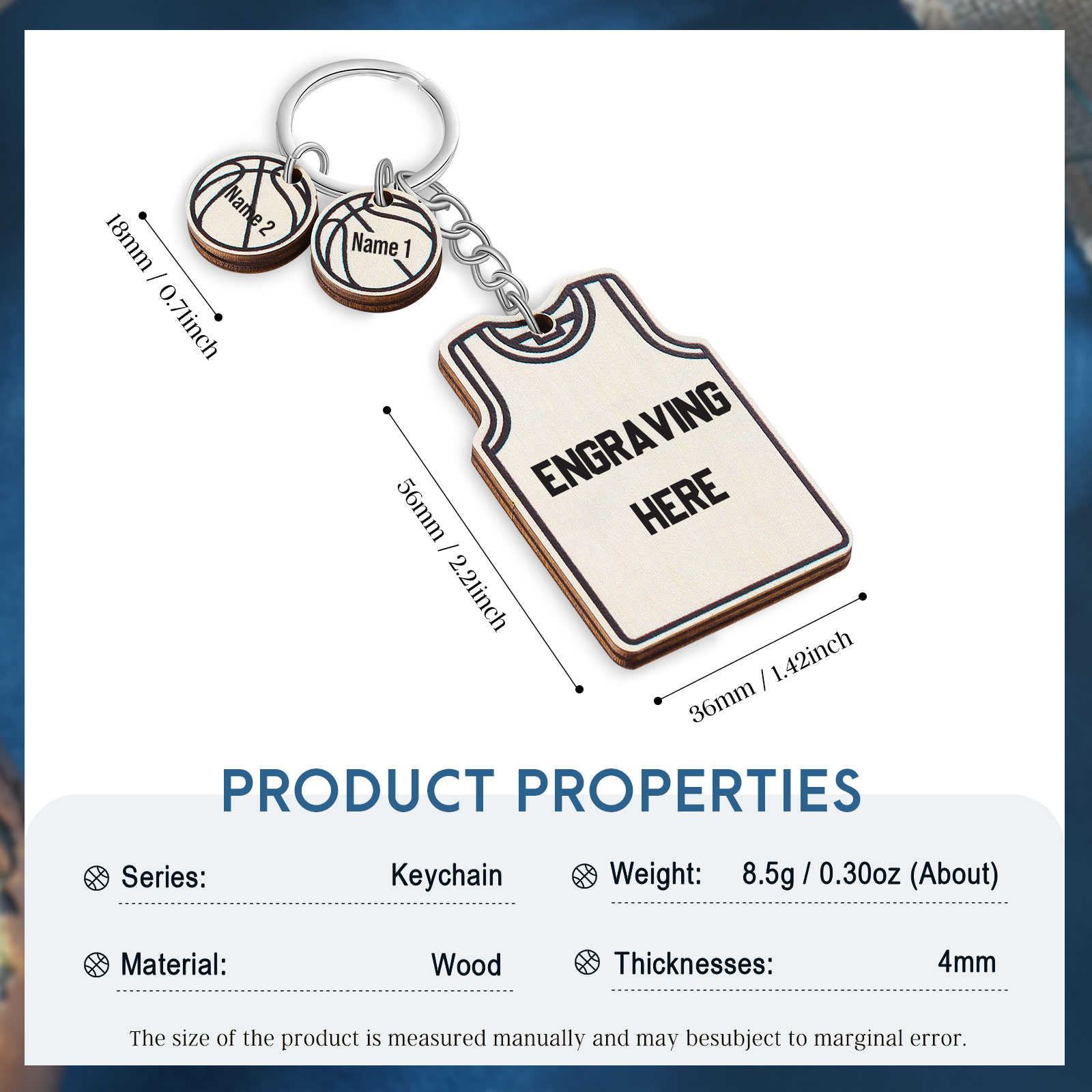 Personalised Text and 2 Names Wooden Basketball Keyring For Dad