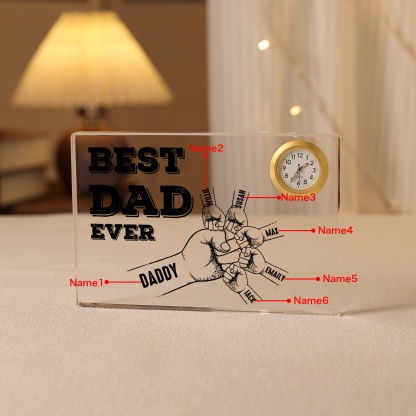 6 Names - Personalised Fist Bump Pattern Custom Name Acrylic Rectangular Clock Ornament Father's Day Gift