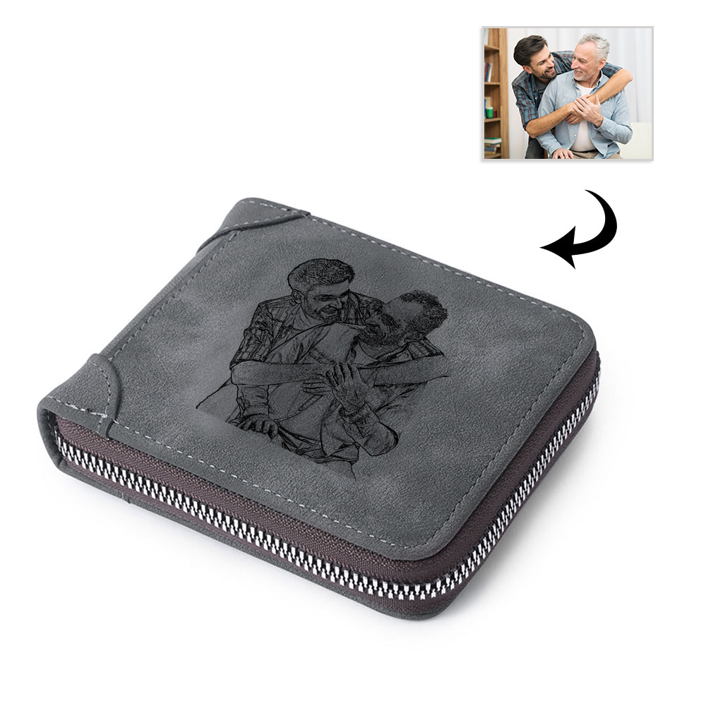 Photo Personalised Leather Zipper Men's Wallet Custom Text Fold Wallet With Gift Box for Dad
