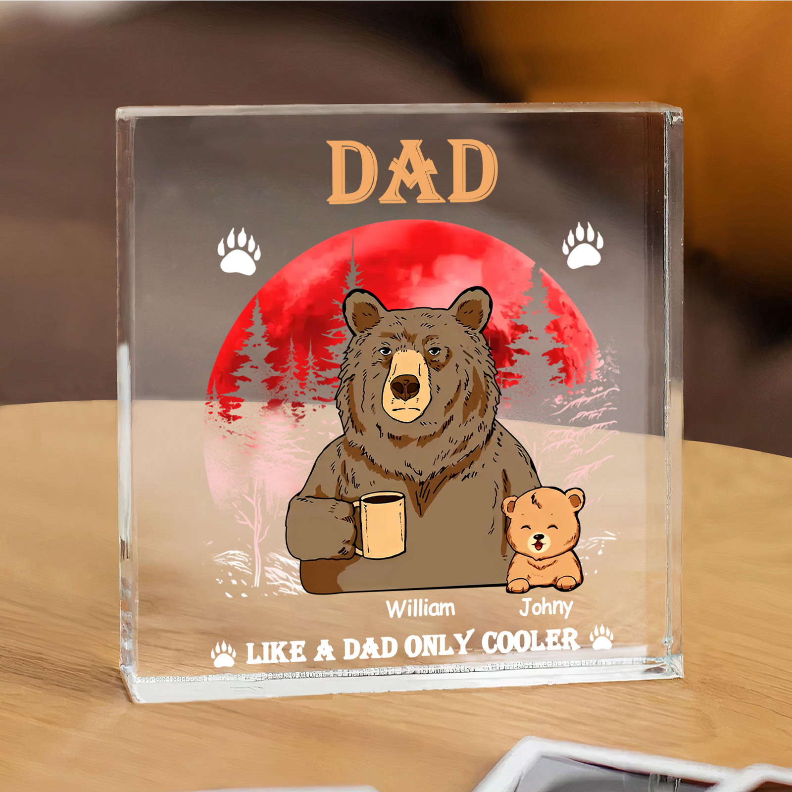 2 Names - Personalised Bear Family Pattern Custom Name Acrylic Square Ornament Father's Day Gift