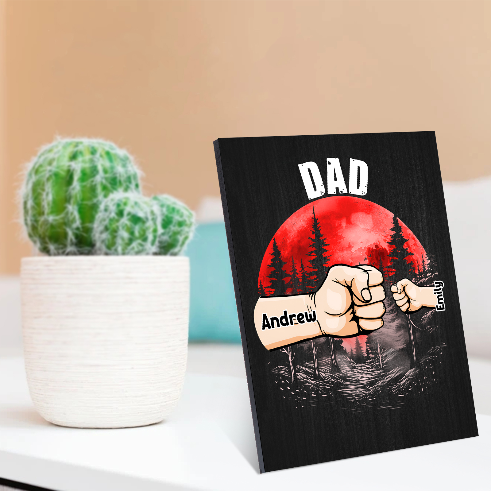 2 Names - Personalised Wooden Ornament Fist Bump Red Forest Style Engraved Name and Text Ornament for Dad