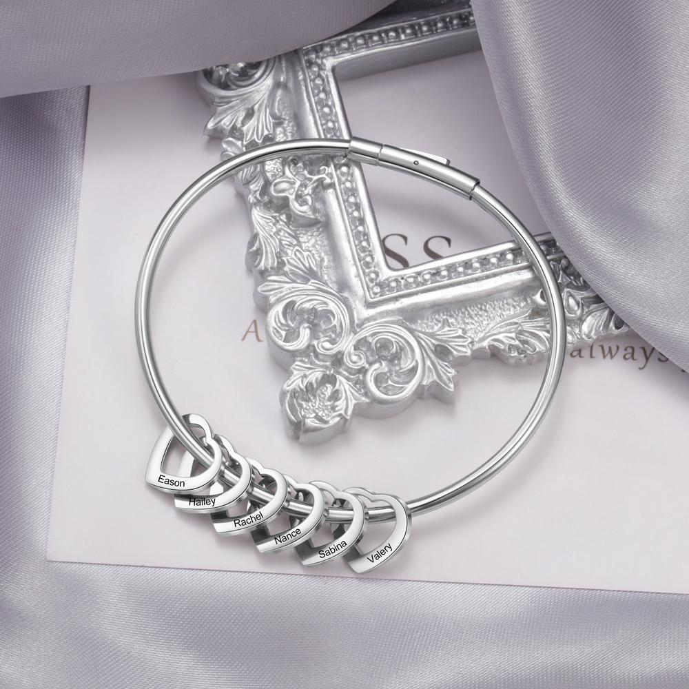 Personalised Love Bracelet with 3 Heart Charms Engraved Name Bangle Bracelet for Her
