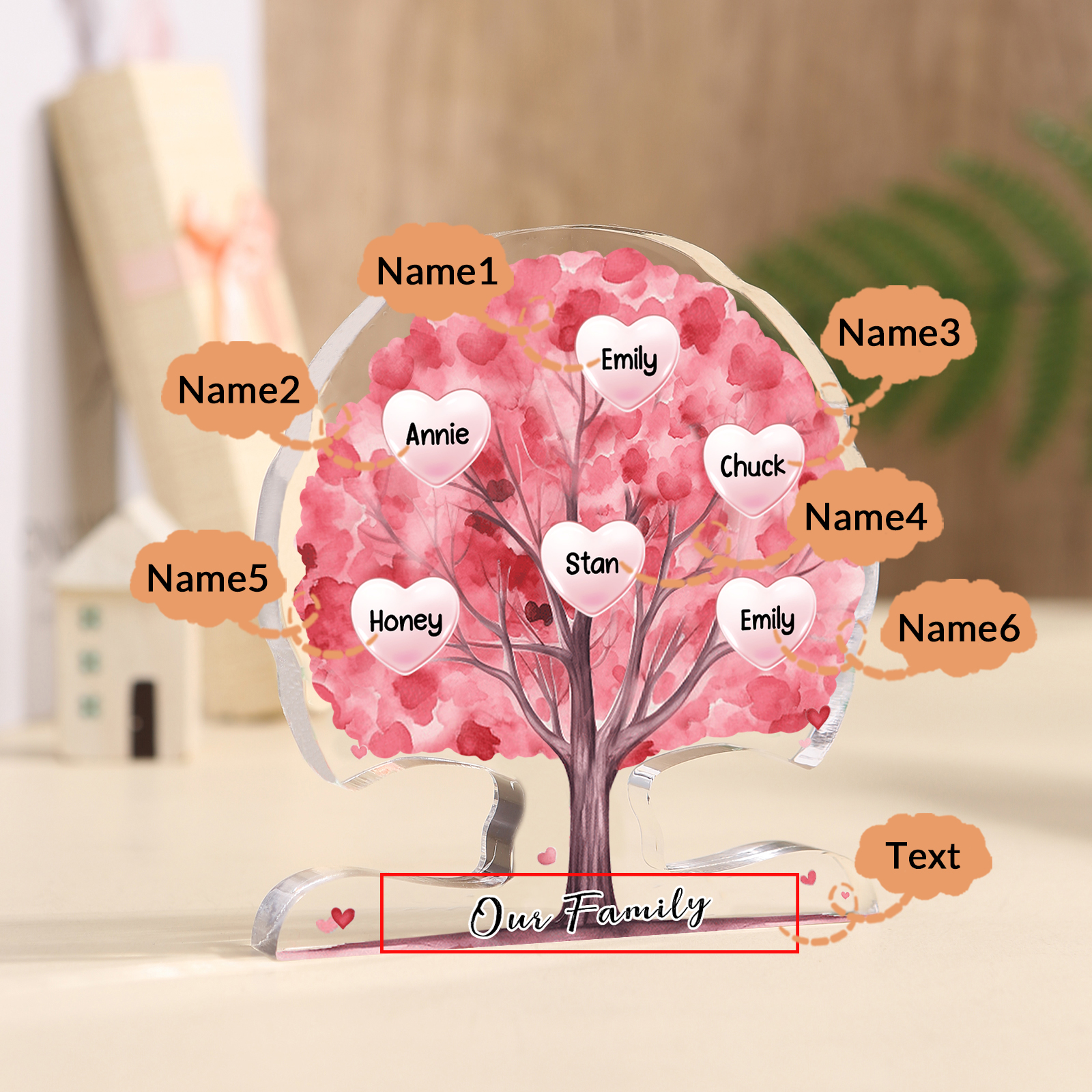 Personalised Heart Family Tree Ornament – Custom 6 Names & 1 Text – Unique Mother's Day Gift for Her | Jessemade