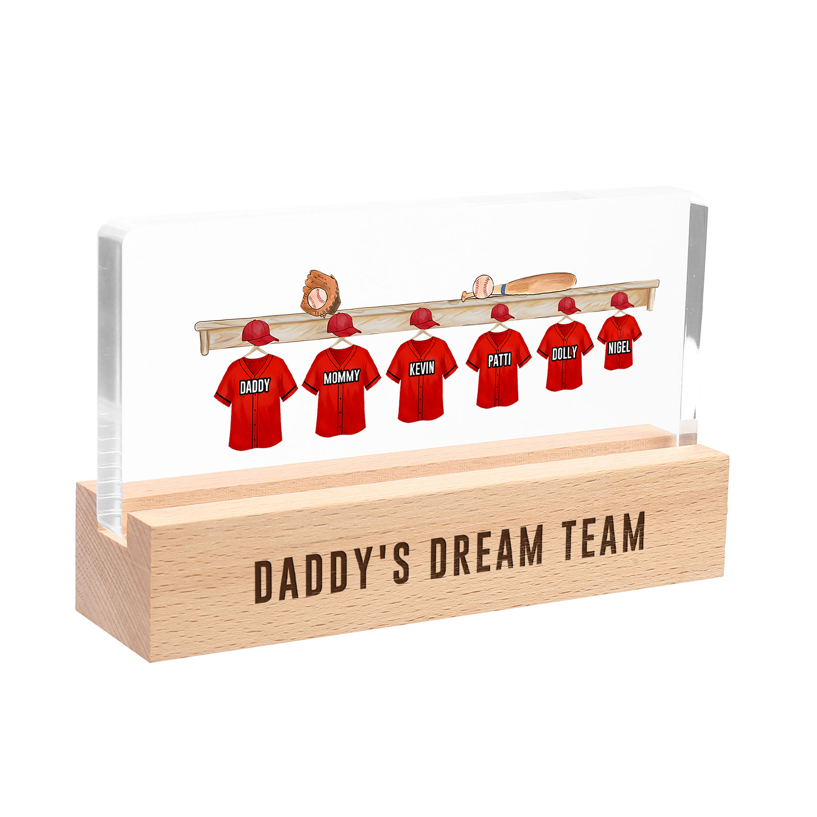 6 Names - Personalised Baseball Jersey Desk Lamp - Dad's Dream Team - Father's Day Gift for Dad