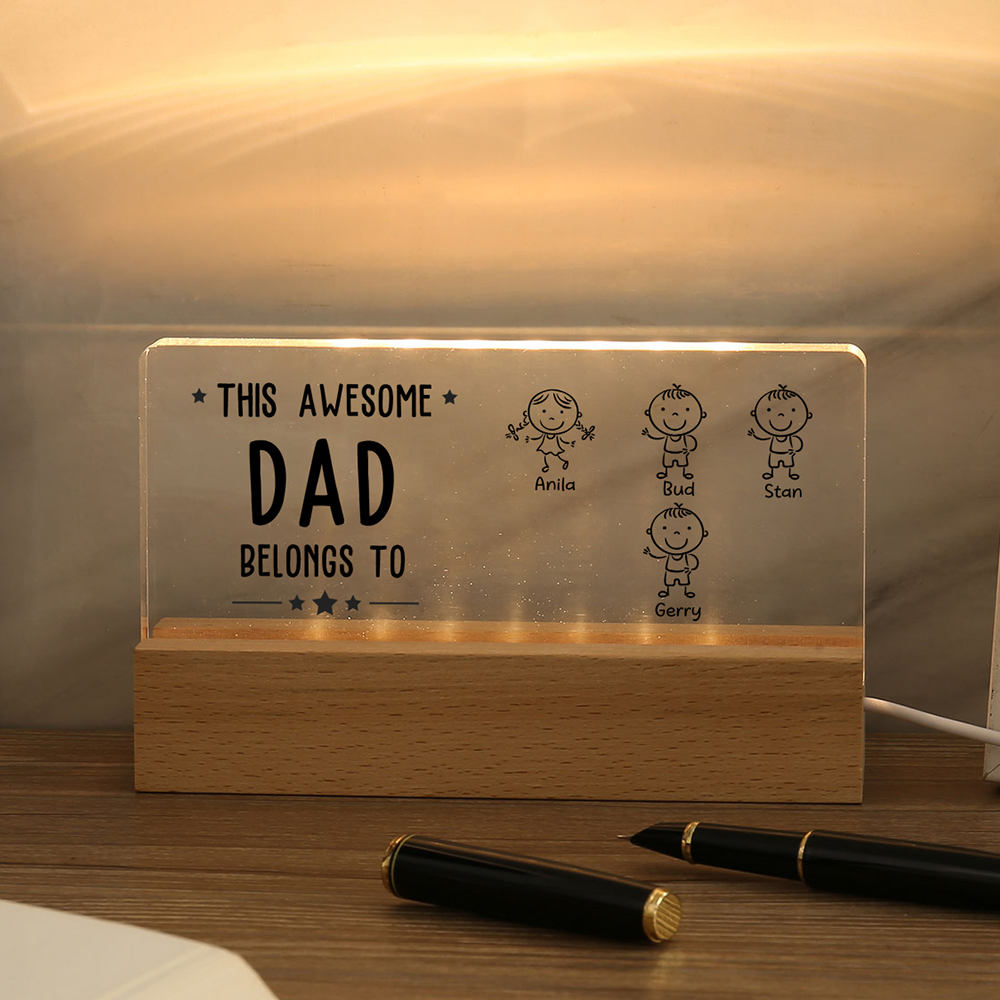 4 Names & Doll Gender - Personalised Lamp -This Awesome Dad  Belongs To - Father's Day Gift for Dad