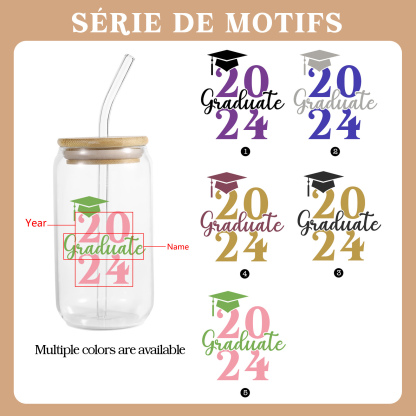 2024 Graduation Gift - Personalised Name and Year Glass with Glass Straw
