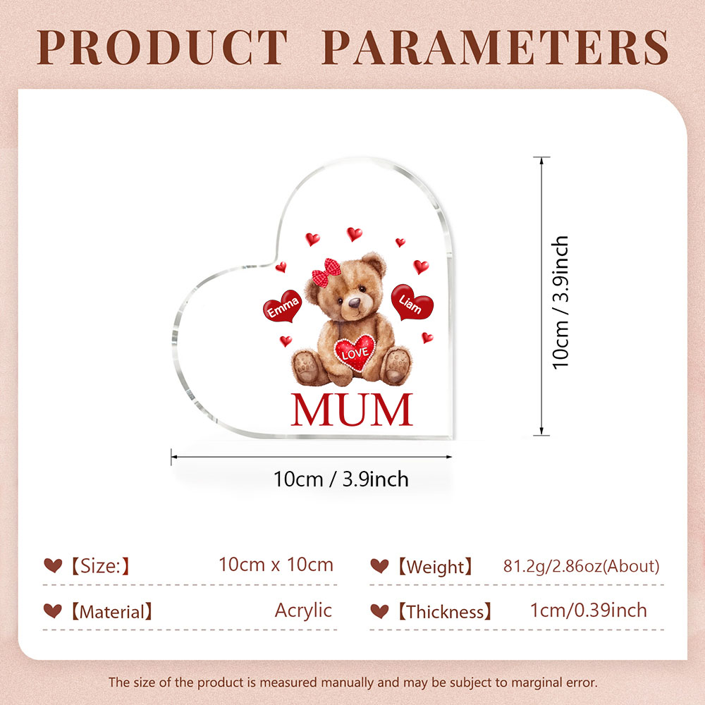 2 Names-Personalised Mum Acrylic Heart Keepsake Custom Text Love Teddy Bear Ornaments Gifts Set With Gift Box for Grandma/Mother
