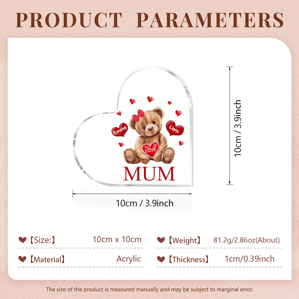 2 Names-Personalised Mum Acrylic Heart Keepsake Custom Text Love Teddy Bear Ornaments Gifts Set With Gift Box for Grandma/Mother