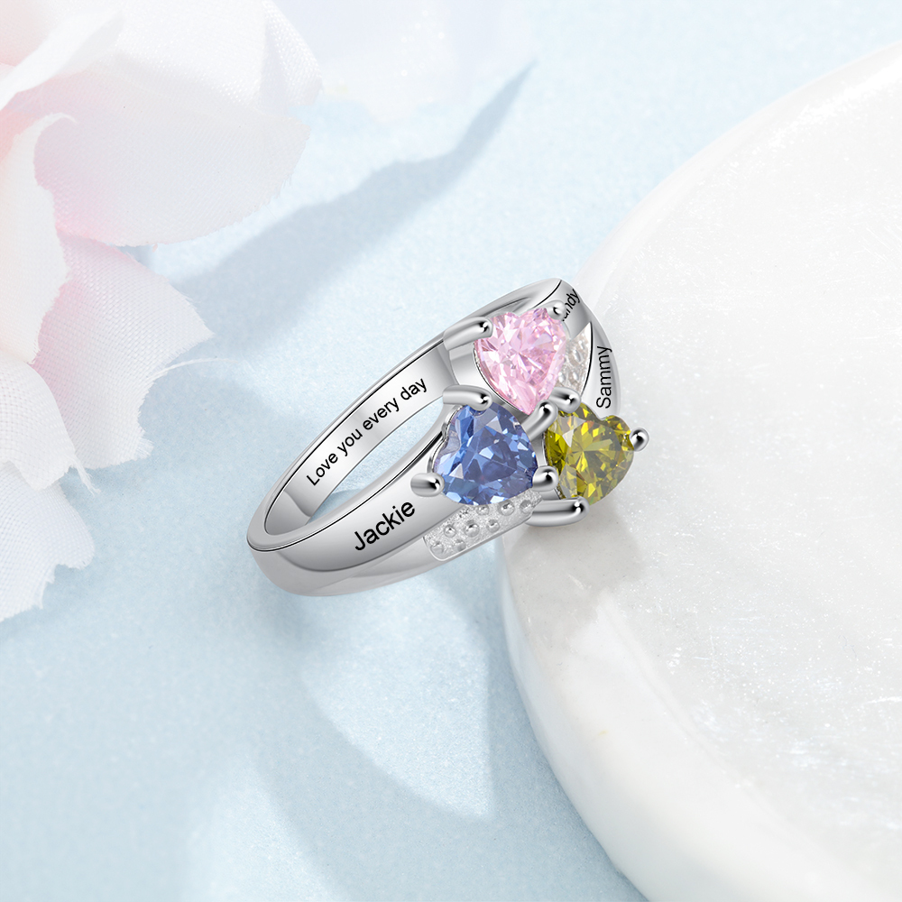 Personalised Heart Birthstone Ring with Engraving 3 Names and 3 Birthstones Ring Gifts For Her | Jessmade